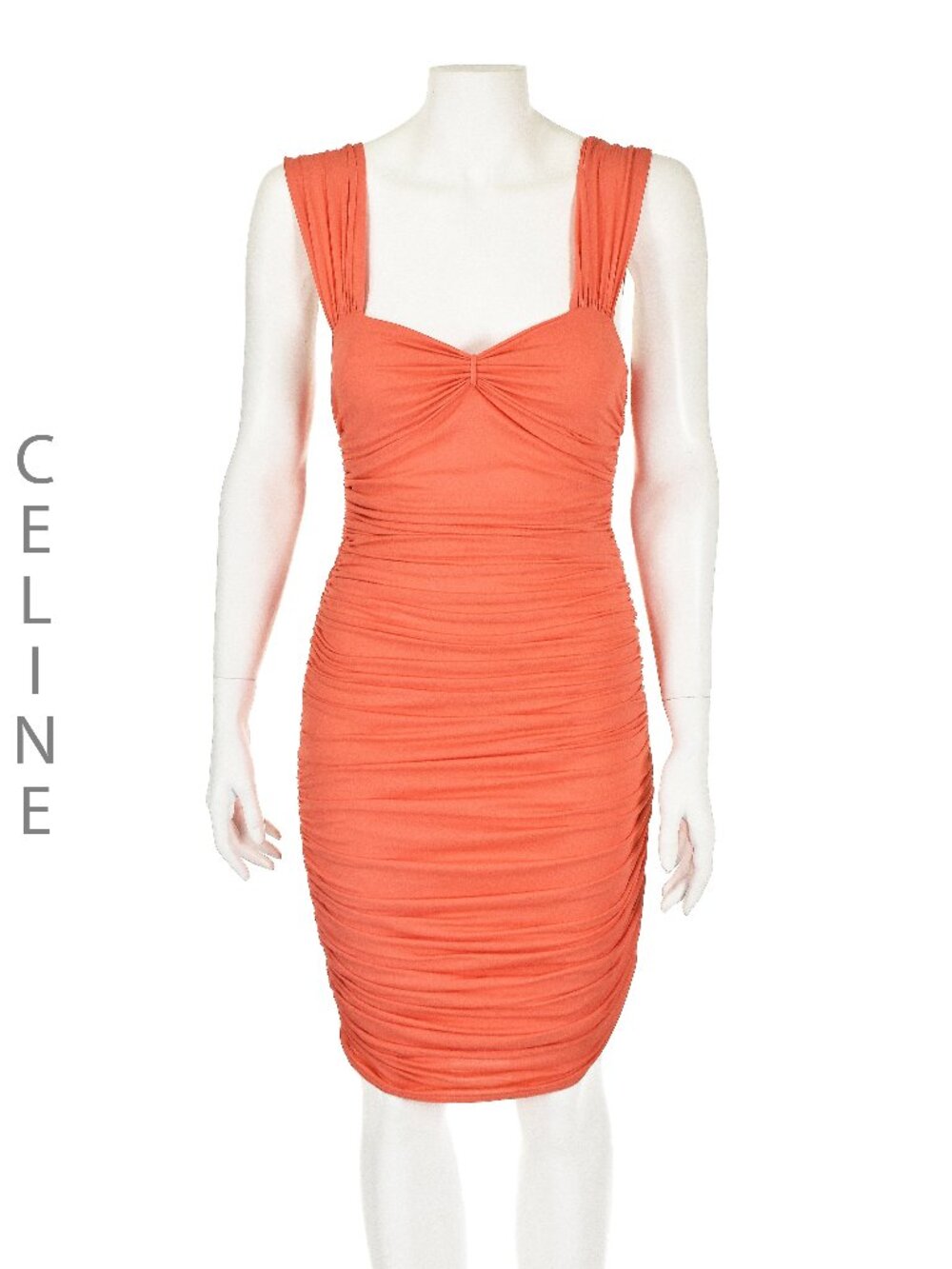 CELINE Densely Ruched Stretchy Coral Cocktail Dress, SIZE M